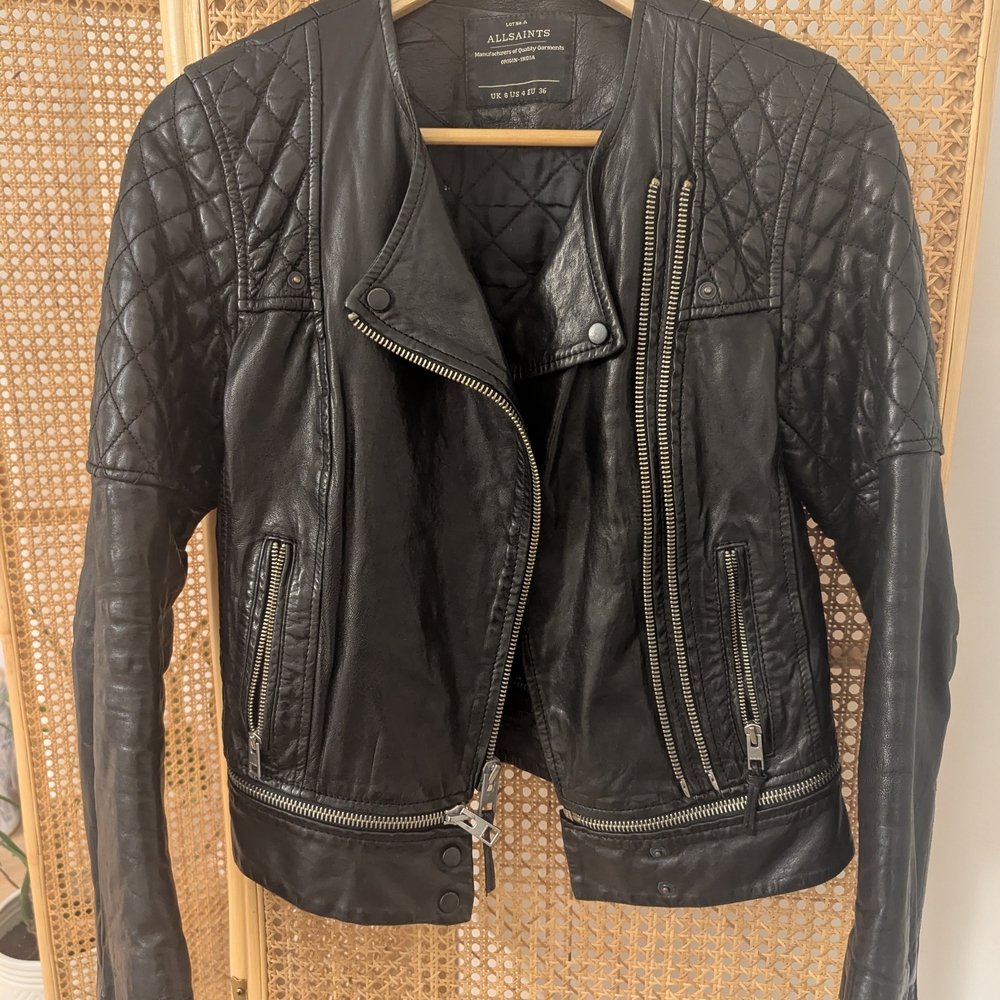 All Saints Black Quilted Leather Jacket - Picture 1 of 3